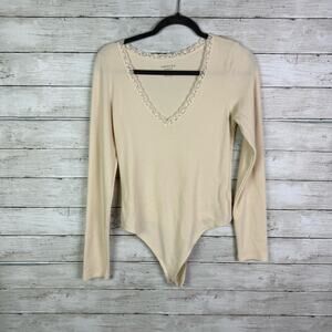 American Eagle Waffle Knit Lace Trim Bodysuit Cream Size Large